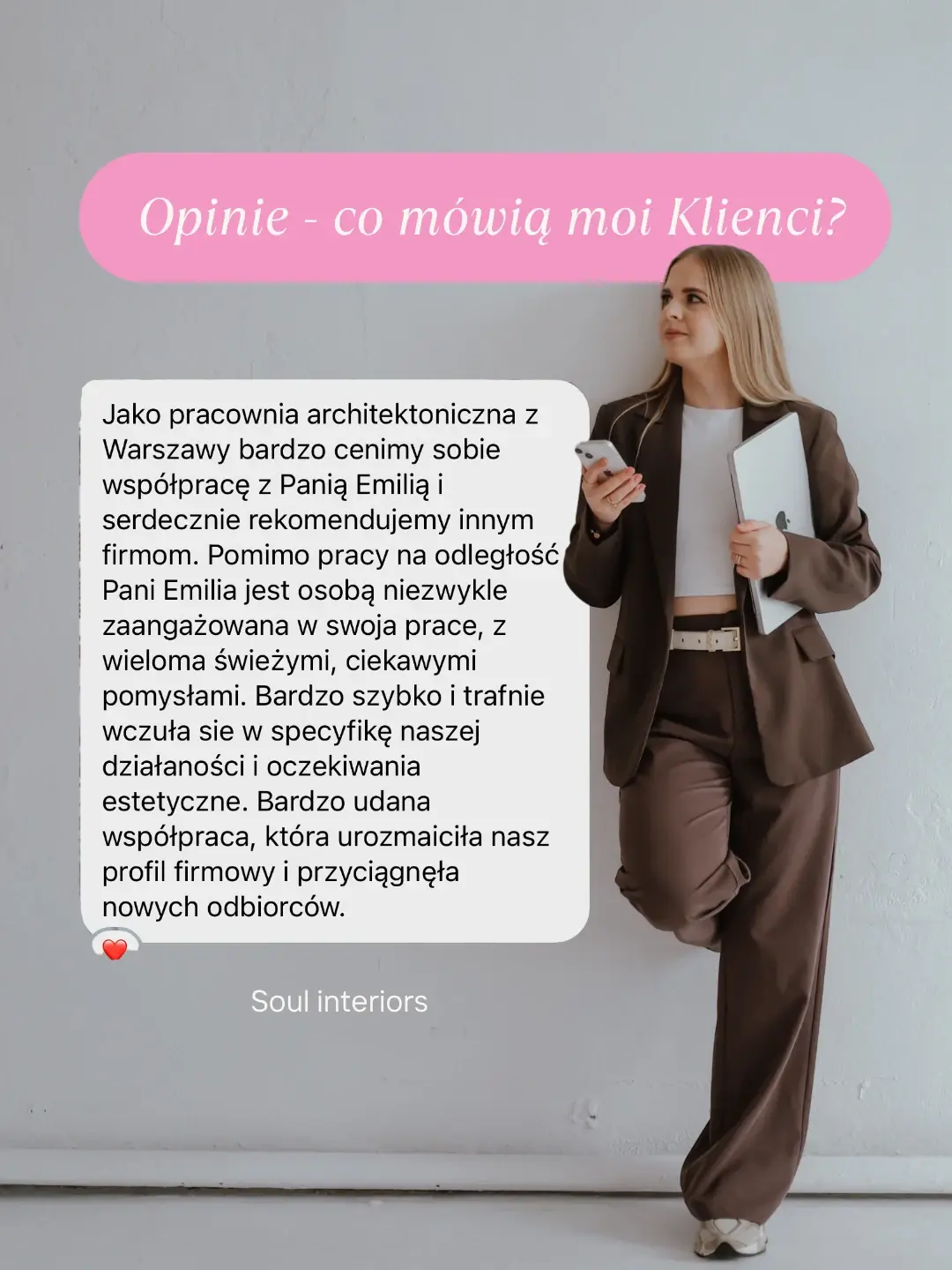 Fragment opinii klienta Soul interiors o współpracy z Emilią Kochańską